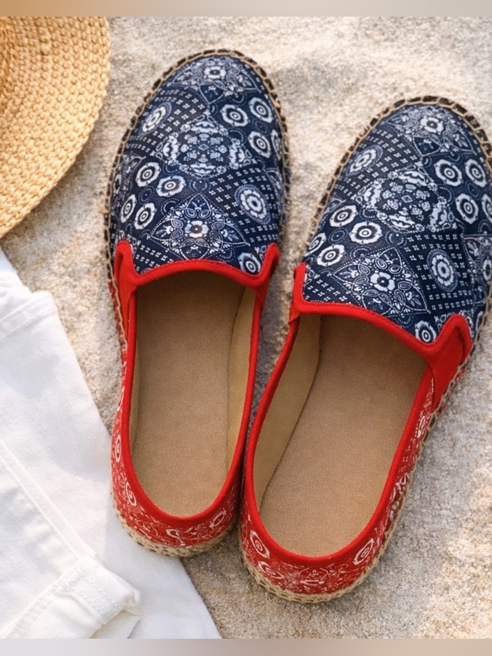Talbots Navy Bandana Print Espadrille Slip-On Flats Red Trim Coastal  Size 9.5